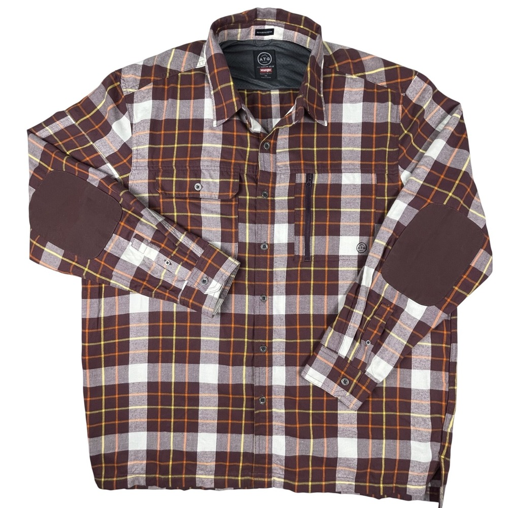 Wrangler Shirt Mens XL Maroon Plaid ATG All Terrain Gear Outdoor Elbow Patch